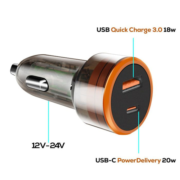 Laddare Bil 38W Dubbel Port USB-C och USB Snabbladdning Kompakt Bwoo Transparent