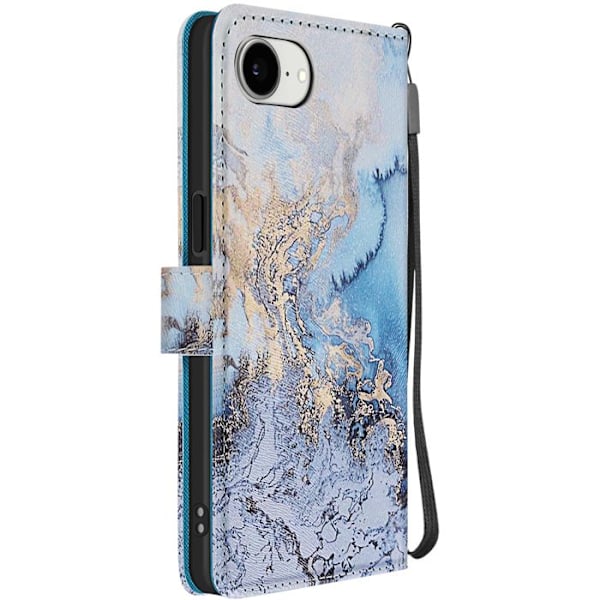 Etui til iPhone 16e Marmor Ocean Mønster med Håndledsrem og Blå Kortholder Blå