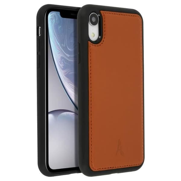 Coque iPhone XR - Akashi - Äkta Läder - Hård - Kamel Brun - Välvda Detaljer Camel Brown
