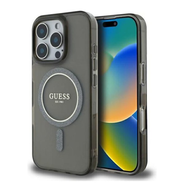 iPhone 16 Pro - Guess IML Glitter Circle MagSafe MagSafe MagSafe (GUHMP16LHFGEREK) - Musta