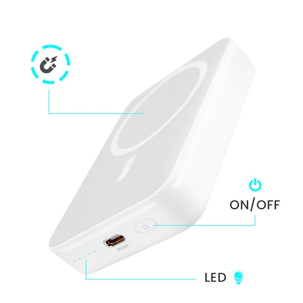MagSafe 10000mAh Ulkoinen akku – USB-C 20W -portti ja taitettava tuki Bwoo Valkoinen Vit