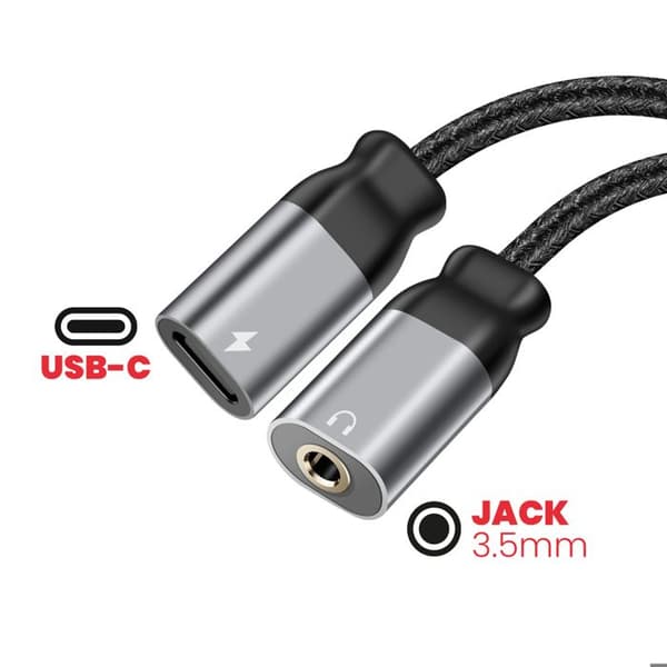 USB-C-adapter - SWISSTEN - 2-i-1 - Ljud 3.5mm - Flätad Nylon - Samtidig laddning