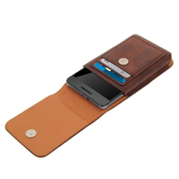 Vertikal läderbältesväska för smartphone storlek L - brun
