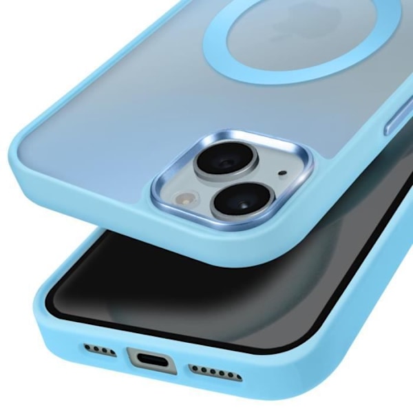 MagSafe-kuori iPhone 15 Plus ja 14 Plus, matta frosted takapuoli, vaaleansininen reuna Blå