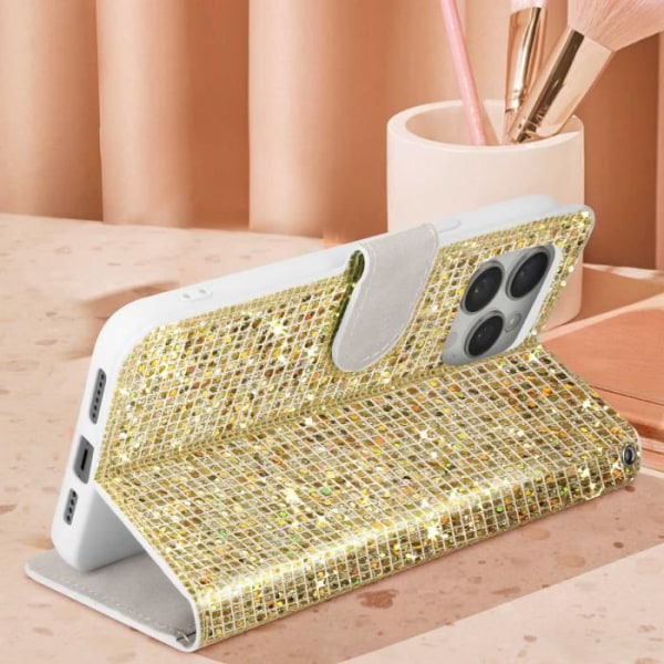 iPhone 14 Pro Max Cover Glitter Disco Wallet Stand Video Gold Gul