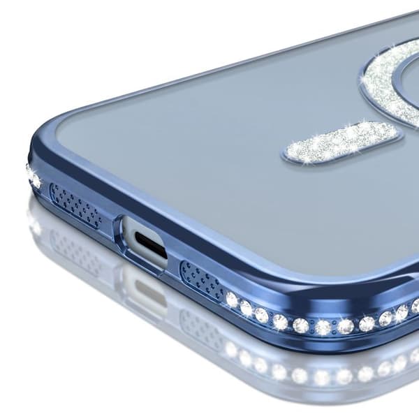 iPhone 15 Plus Cover Kompatibel med MagSafe med Blå Rhinsten Kant Blå