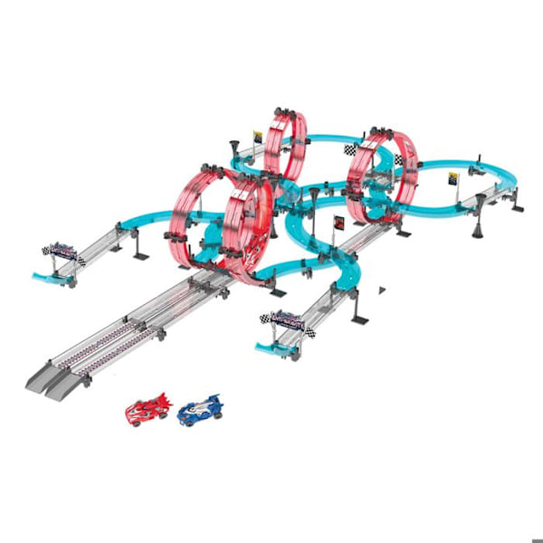 Circuit til friktionsbiler Længde 984 cm med loopings 2 biler Blå / Rød Blå