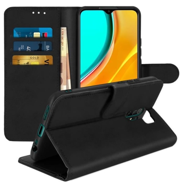 Étui Folio - AVIZAR - Xiaomi Redmi 9 - Øko-læder Sort - 3 Kortlommer - Støttefunktion Svart