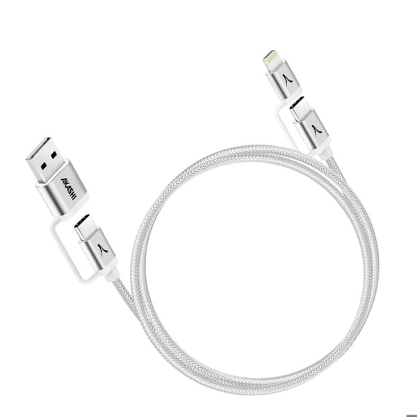 4-i-1 USB-C + Lightning Kabel Kompatibel med Apple CarPlay Android Auto Akashi Grå Grå