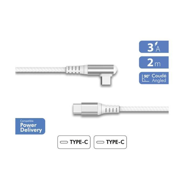 USB-C til USB-C kabel - FORCE POWER - Lite - 60W - 2m - 90° vinkel Grå