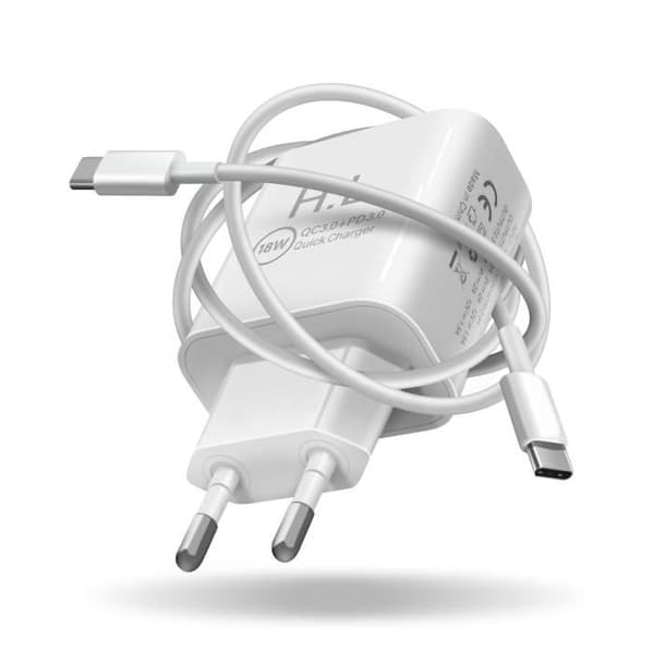 Strømadapter - Power Delivery - 18W - USB-C - Quick Charge 3.0 - Kabel inkluderet 1m Vit