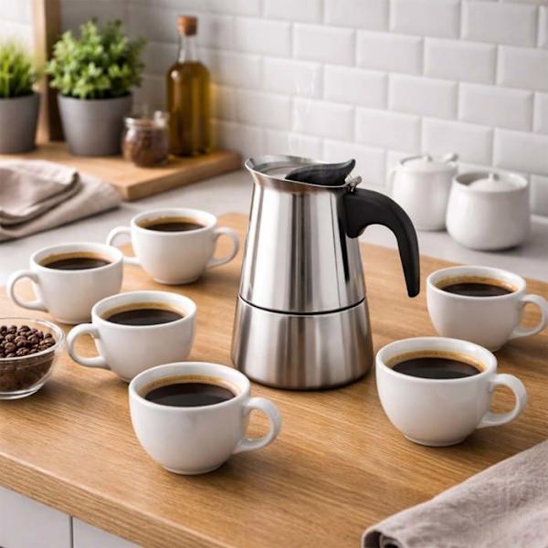 Cafeteria i rustfrit stål 6 kopper kompatibel med induktion til Moka-kaffe Cheffinger sølv Grå