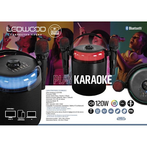 Karaokehögtalare - Ledwood - PLAYKARAOKE - 120W - Bluetooth 5.1 - 2 trådlösa mikrofoner