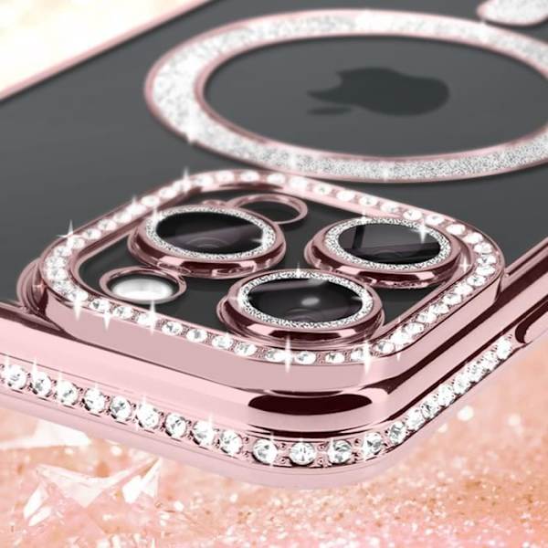 Diamond Case iPhone 15 Prolle - AVIZAR - Strassikivi Contour - Samppanjan vaaleanpunainen - MagSafe Rosa