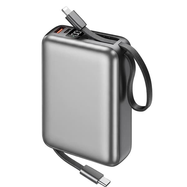 PowerBank 20000mAh 22.5W USB-C / USB-A USB-C / Lightning -kaapelin kanssa Akashi Harmaa Grå
