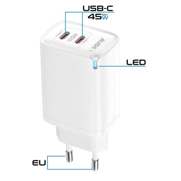 45W Vægoplader til Smartphone / PC GaN Teknologi Dobbelt USB-C Akashi Hvid Vit