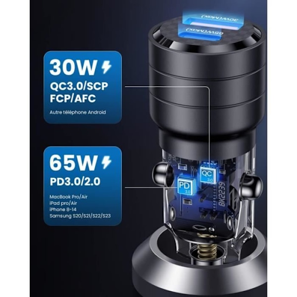 Erittäin nopea autolaturi 95W USB-C PD 65W+USB-A QC 30W Usamsin ylijännitesuojalla läpinäkyvä musta Svart