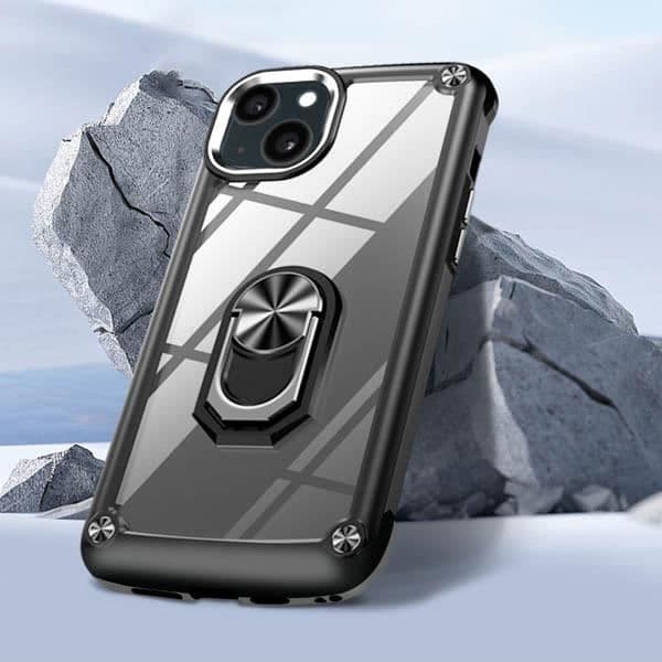 Telefonskal - AVIZAR - iPhone 15 Plus - Sort og Transparent - Stødabsorberende - Støtte Ring Svart