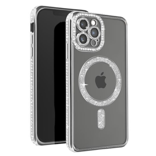 Diamantfodral för iPhone 12 Pro Max - AVIZAR - Silver Rhinestone Outline - Transparent baksida - MagSafe-kompatibel Grå