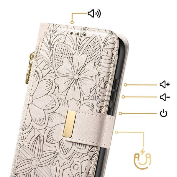 Pungetui til Galaxy A37 med blomsterdesign og integreret lynlåslomme i grå Grå