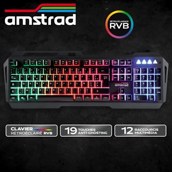 Amstrad AMS KEY007 USB Pro Gamer -näppäimistö, RGB-taustavalo, 19 haamukuvien estonäppäintä, 12 multimediapikanäppäintä. AZERTY