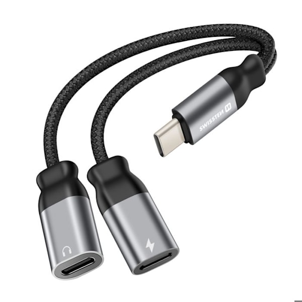 Splitter Audio ja USB-C Lataus 2-in-1 Nylon Kestävä Takuuvaippa Swissten Musta