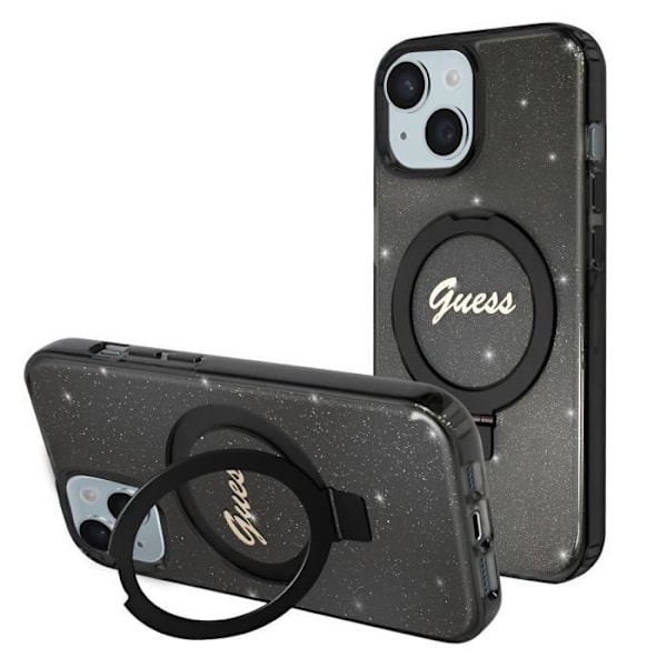 MagSafe-kuori iPhone 15, kimalteleva silikoni, kohotetut reunat, Guess musta Svart