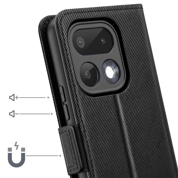 Etui til Realme 16 Pro, tekstureret læderlook med spejl og kortlomme, sort Svart
