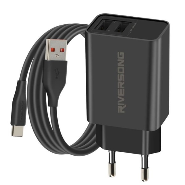 Väggladdare 2x USB 12W USB till USB C-kabel 1m Silikon Riversong Svart