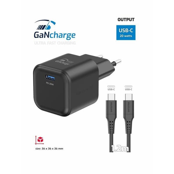 Swissten Netværksadapter GaN 1x USB-C 20W Power Delivery Data Kabel USB-C/USB-C 1,2m Sort