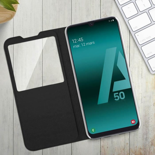 Hus för Samsung Galaxy A50 - AVIZAR - Fodral med Lock - Mjuk Skal - Visningsfönster - Ultra-Tunn Svart Svart