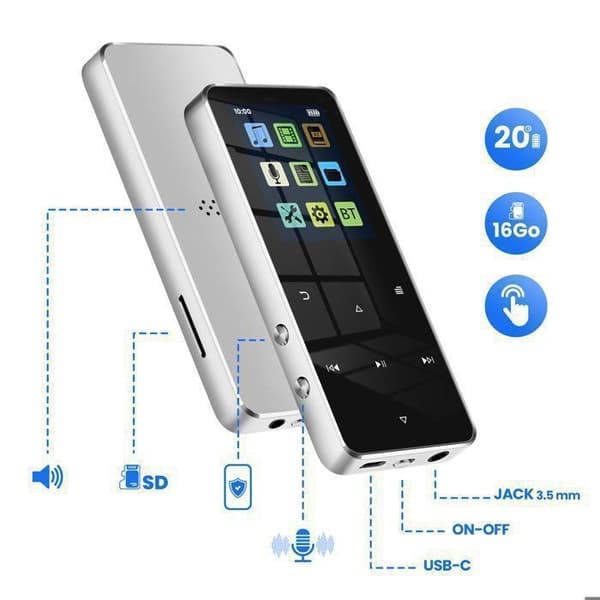 MP3-spelare med touch, musik och video med Bluetooth, 20 timmars batteritid, Avizar - Silver Grå