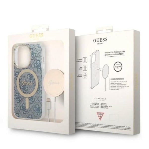 Guess Bundle Pack MagSafe 4G - Kotelosarja iPhone 14 Pro Maxille + MagSafe-laturi (sininen/kulta) - 3666339102999