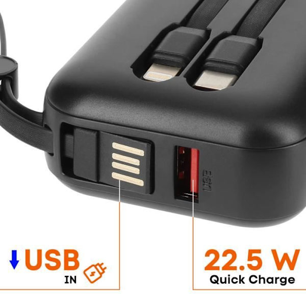 Ulkoinen akku 10000mAh + Lightning- ja USB C -kaapelit Compact LinQ Black