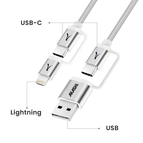 4-i-1 USB-C + Lightning Kabel Kompatibel med Apple CarPlay Android Auto Akashi Grå Grå