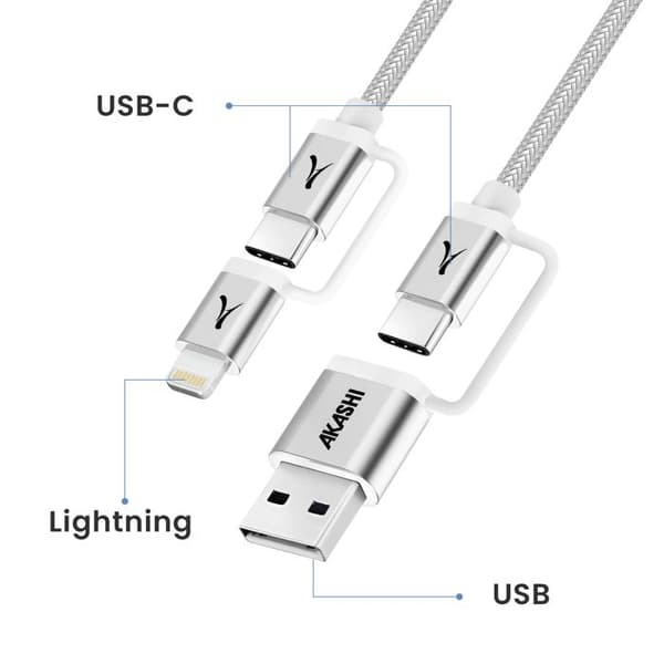 4-in-1 USB-C + Lightning Kaapeli Yhteensopiva Apple CarPlay Android Auto Akashi Harmaa