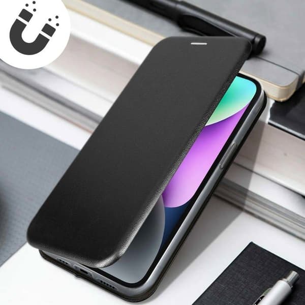 iPhone 14 Cover Flip Card Holder Video Support Sort satin finish Svart