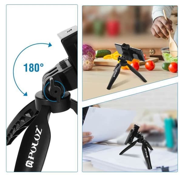 Smartphone Tripod - Puluz - Sort - Justerbar 180° - Skridsikker - Blitz- og mikrofonmontering