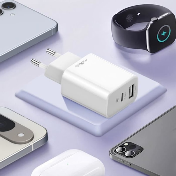 Dubbel USB-port och USB C Power Delivery 20W Väggladdare Maxlife Vit Vit