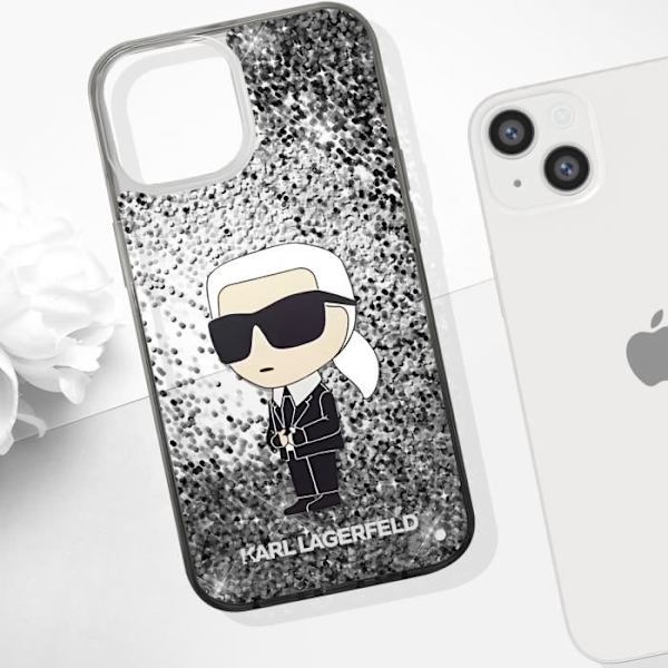 Etui til iPhone 15 Plus Flydende glittermønstre forhøjede kanter Karl Lagerfeld Sølv