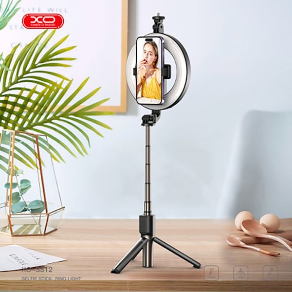 Selfie Lampe Teleskopisk Stativ med Bluetooth 5.2 Let Kompakt XO Sort