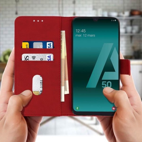 Housse til Samsung Galaxy A50 - AVIZAR - Tegnebogcase - Silikone Gel - Rød - Videostøtte Röd