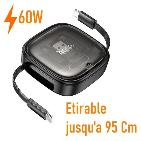3 i 1 opladningskabel - HOCO - U140 - Retractable - 60W - USB-C, Lightning, Micro USB Svart