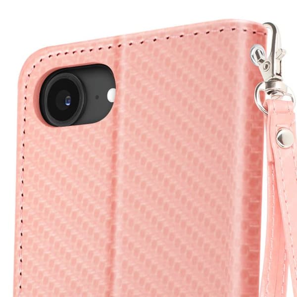 Fodral med lock för iPhone 17e Kolfiberlook med kortfack och ställ i rosa Ros
