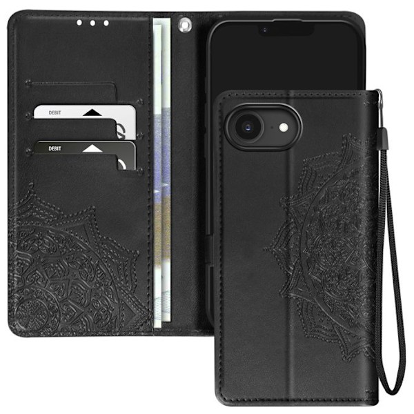 Fåll Mandala Blommor för iPhone 16 Plånbok Handledsrem Svart Svart