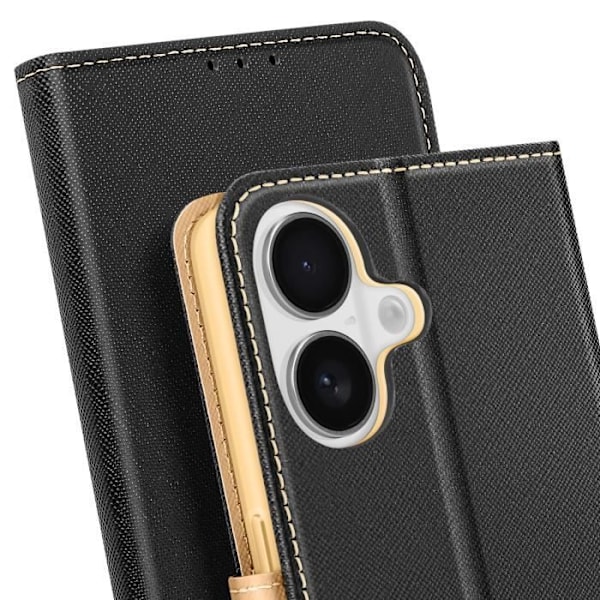 iPhone 16 Fodral Plånbok Saffiano Läder Fancy Svart / Guld Svart