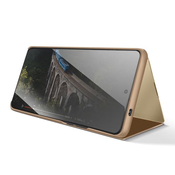 Spejl Etui til Galaxy S26 med Smart View Vindue og Foldbart Stativ Guld Gul
