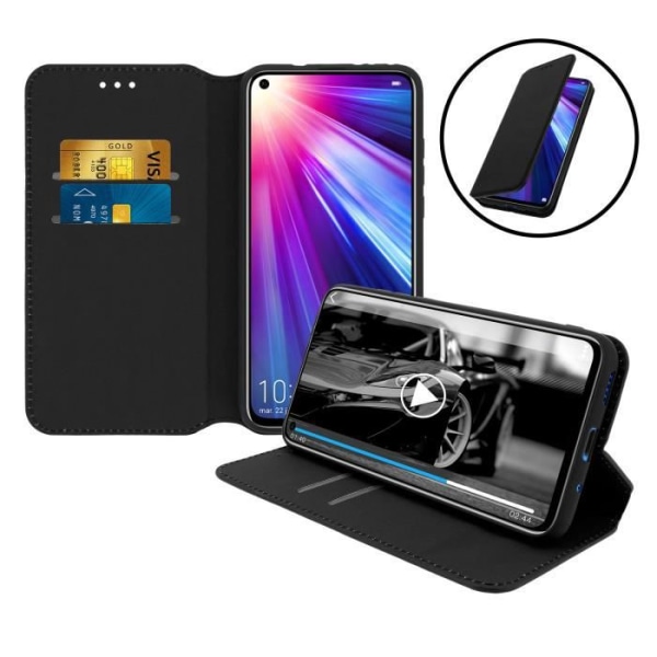 Housse - AVIZAR - Honor View 20 - Folio Wallet Cover - Øko-læder - Sort - Støttefunktion Svart