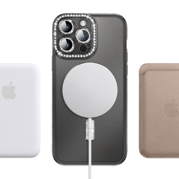 iPhone 14 Pro Max Cover Kompatibel med MagSafe med Sort Rhinestone Kant Svart
