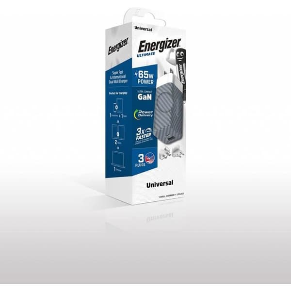 Energizer Oplader 65W USB-A + USB-C uden kabel – 3 adaptere EU/US/UK – Sølv/Grå Sølv/grå